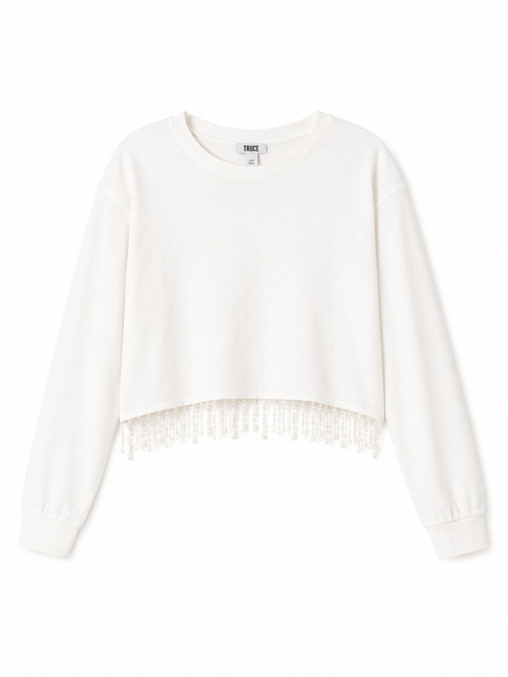 New - Truce White Cropped Sweatshirt with Pearl Beaded Fringe